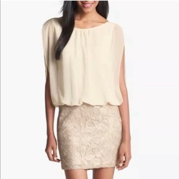 🛳 Designer’s Aidan Mattox Beige Drape Chiffon Cocktail Sequin Dress - Picture 4 of 16